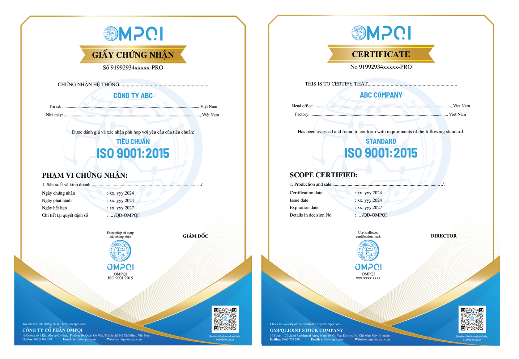 Mẫu giấy chứng nhận iso 9001